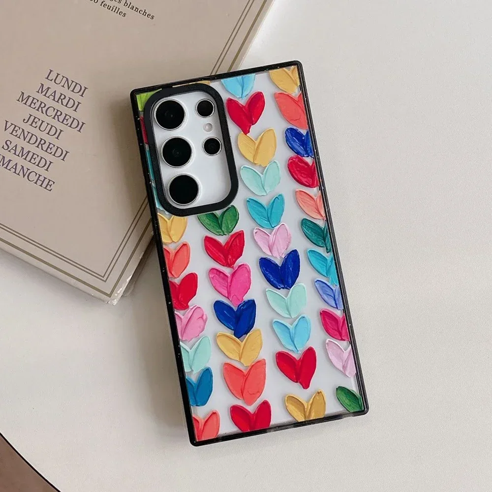 Colorful Hearts Cat Acrylic Black Border Case for Samsung Galaxy S22 S23 S24 Ultra S22+ S23+ S24 Plus Cover Protective Case