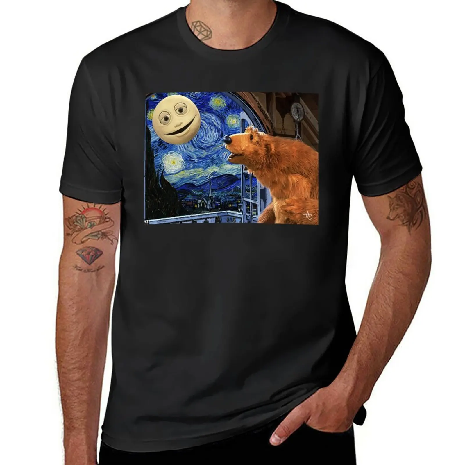 

Футболка с изображением медведя из большого синего дома со Звездной ночь, футболка с коротким рукавом, черная футболка, графическая футболка, мужские футболки с длинным рукавом, футболка s
