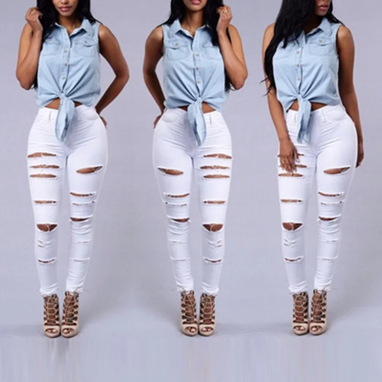 Black and White Sexy Elastic Tights Women's High Waist Casual Pencil Pants Fashion Perforated Jeans Street Trousers