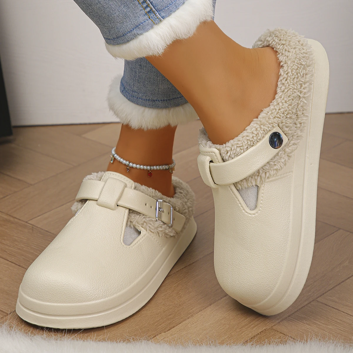 Winter Warm Fluffy Clogs Slippers Women Eva Waterproof Non Slip Home Slides Woman Lightweight Soft Sole Fuzzy Cotton Slippers