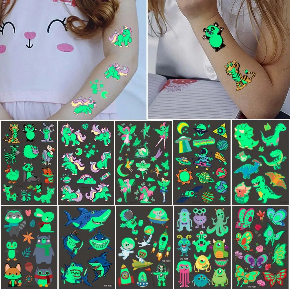 Children's Temporary Tattoos Cartoon Unicorn Luminous Tattoo Kids Boy Body Art Glitter Child Tattoo Sticker Waterproof Fake