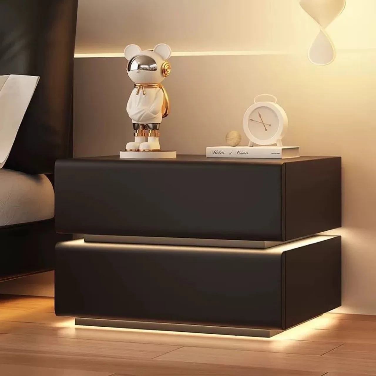 Creative Solid Wood 2 Drawers Bedside Table Faux Leather Bedroom Nightstand with Sensor Light Modern Style Storage Cabinet