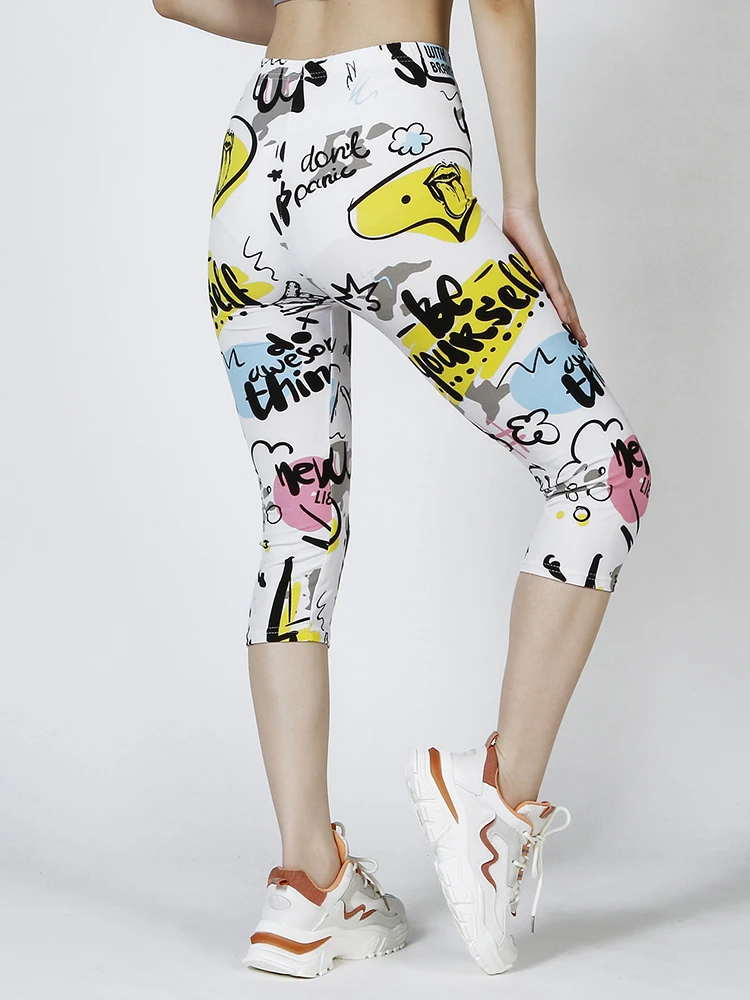 

LJCUIYAO Lady's Fitness Cropped Pants Seventh Elastic Slim Short Leggings Casual White Yellow Letter Printing Women Summer Capri