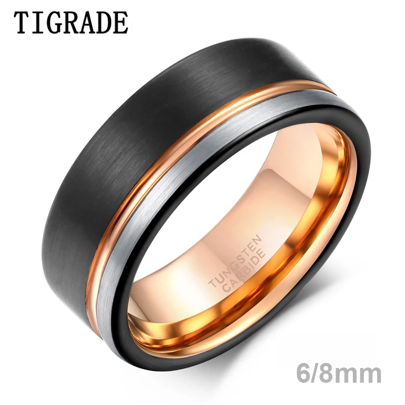 

TIGRADE Ring Men Tungsten Ring Black Rose Gold Line Brushed 6/8mm Wedding Band Engagement Ring Men's Party Trendy Bague Homme