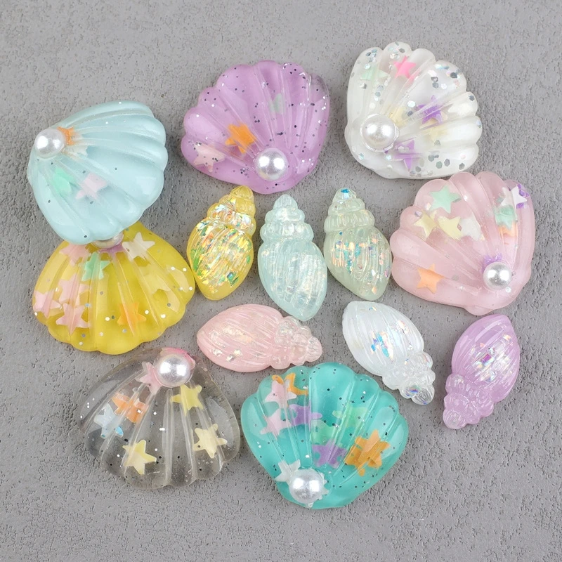 

20pcs Shiny Seashell Flatback Resin Cabochon Cute Sparkly Conch Miniature Fit Phone Decoration DIY Scrapbooking Hair Bow Center