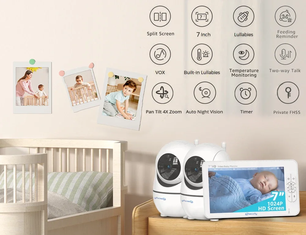 Baby Monitor with 2 Cameras 7" Large Display Audio and Video Surveillance 2-Way Talk 4000mAh Battery Infrared Night Vision VOX S72df8b3ae48742319f567aae050c86e6L