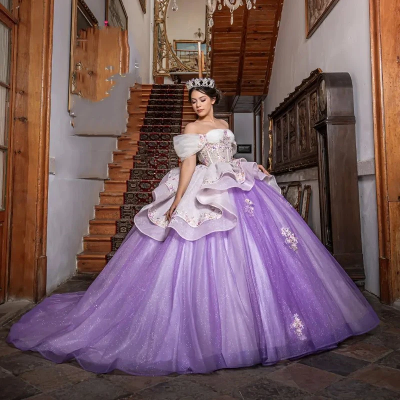 

Purple Shiny Ball Gown Quinceanera Dress Sweet 15 16 Years Old Birthday Party Wear Sweetheart Off Shoulder Princess Long Girls