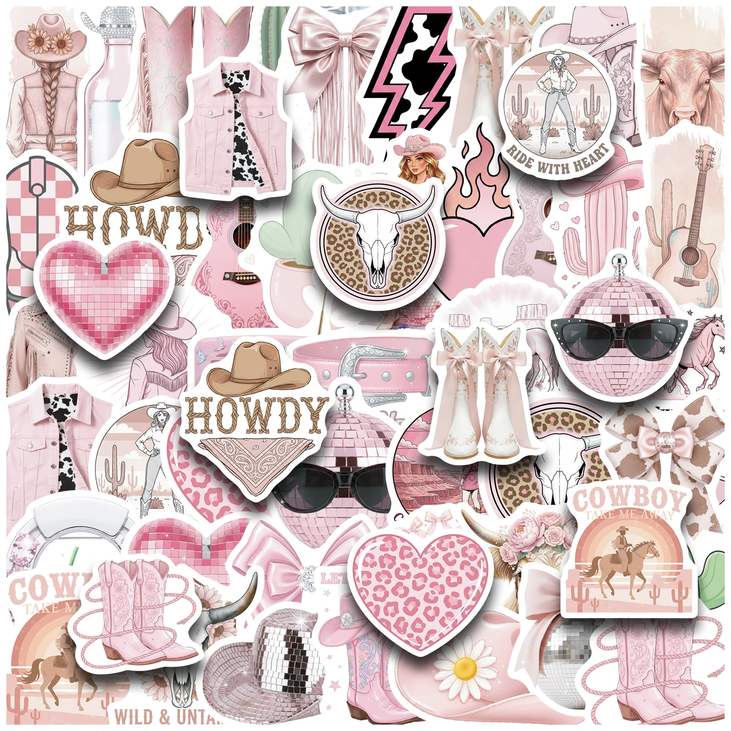 Disco Cowgirl Aesthetic Vinyl Stickers - 50PCS Pink Party Decor & Waterproof Decals