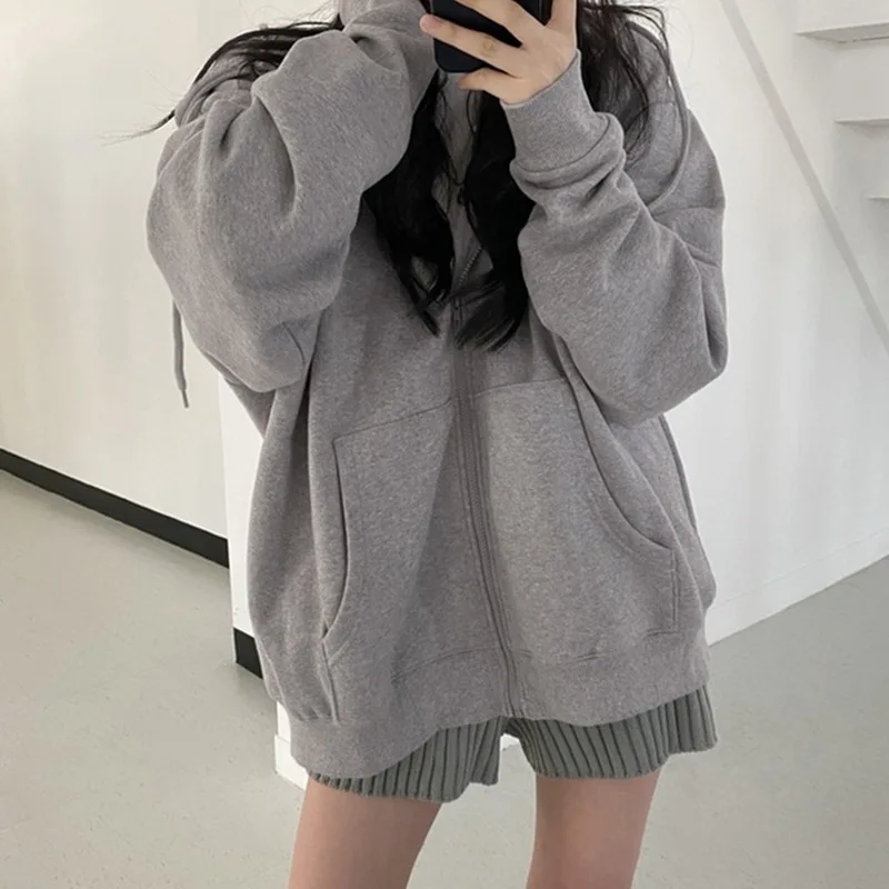 Gris - Sudadera básica holgada con cremallera y capucha en varios colores para mujer