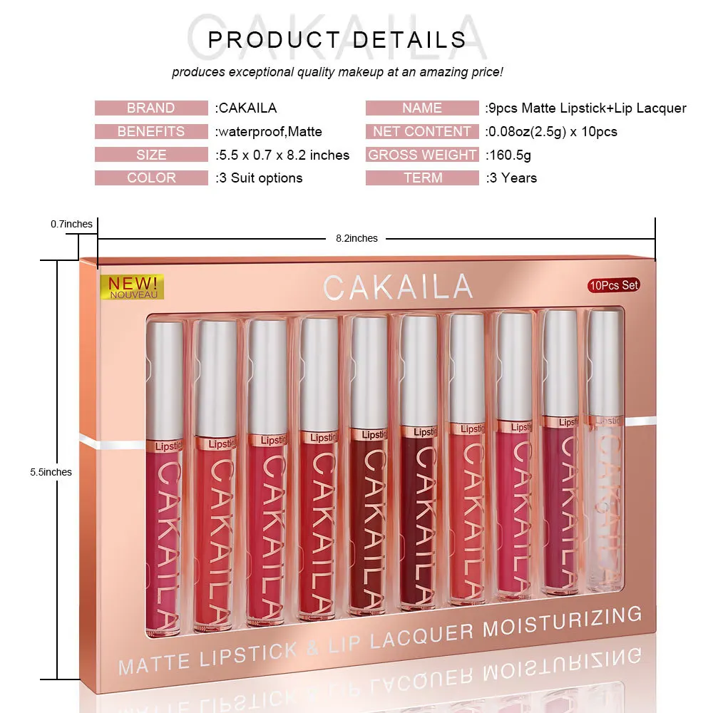 CAKAILA 10Pcs/Set Pro 24HR Weightless Colour Matte Nude Velvet Liquid Rich Matte Finish Lipstick Lipgloss Waterproof Lip Makeup