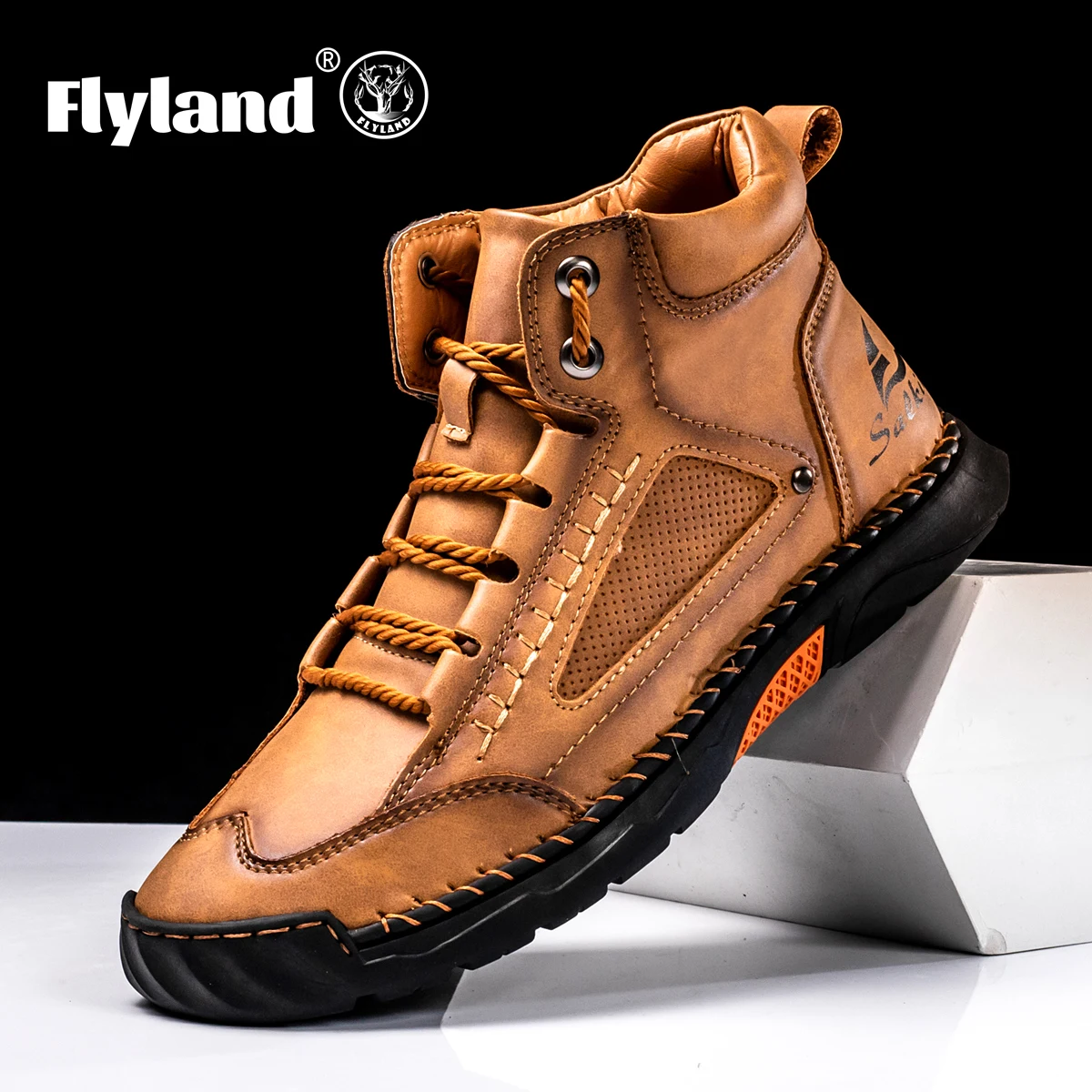 

FLYLAND Men's Classical Vintage Soft Skin-friendly Feeling Frosted Genuine Leather Business Ankle Boots Handmade Casual Boots