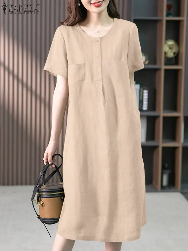 

ZANZEA 2024 Summer Short Sleeve Long Robe Women Solid Dress Holiday Casual Loose A-line Dresses Korean Round Neck Pocket Vestido
