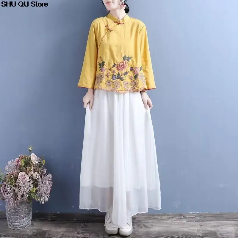 Chinese Style Embroidered Cotton Linen Shirts Spring Summer Retro Buttoned Long-sleeved Stand-up Collar Clothes Loose Tops