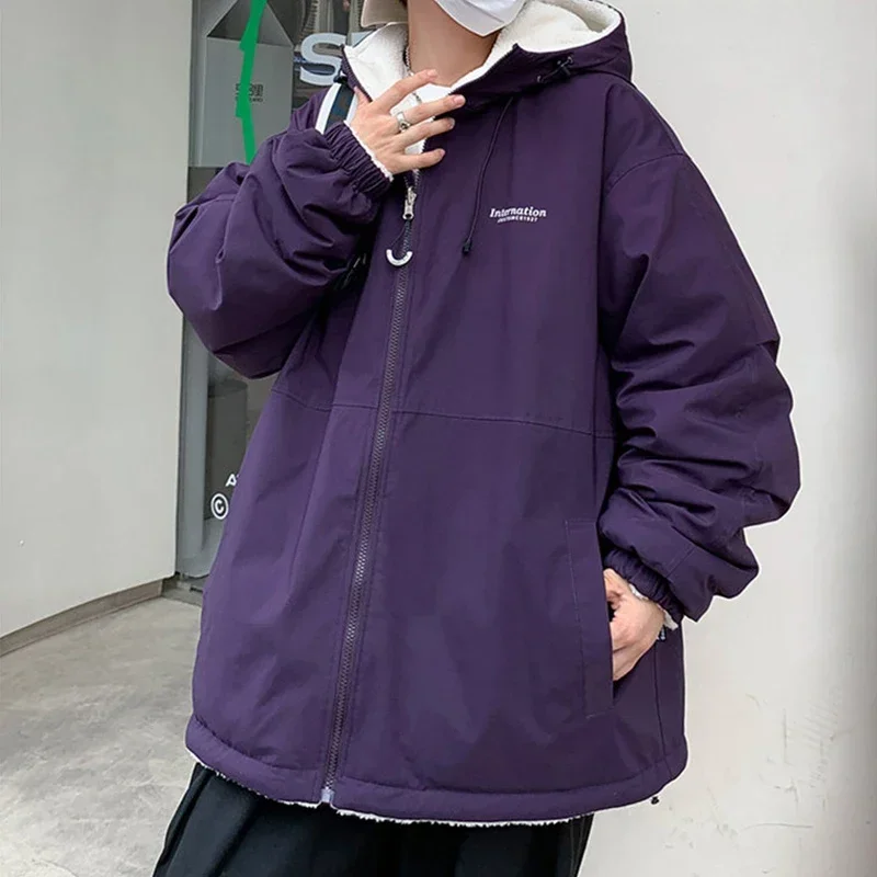 Casual Warm Fleece Parkas Men Solid Hooded Winter Padded Jackets Male Loose Two Sided Dressing Coats Man