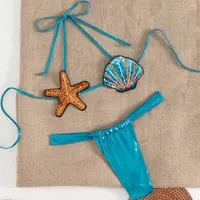Shiny Sequin Shell Starfish Bikini Set Women Sexy Push Up Pleate Thong Swimsuit 2025 Brazilian Beach Bathing Suit Micro Swimwear