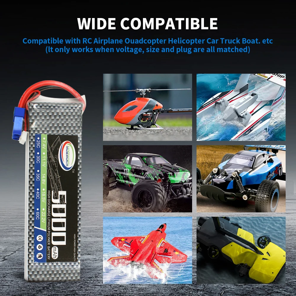 Batterie LiPo 6S 5200mAh 60C XT60 pour planeur RC montrant les câbles et la gaine thermorétractable