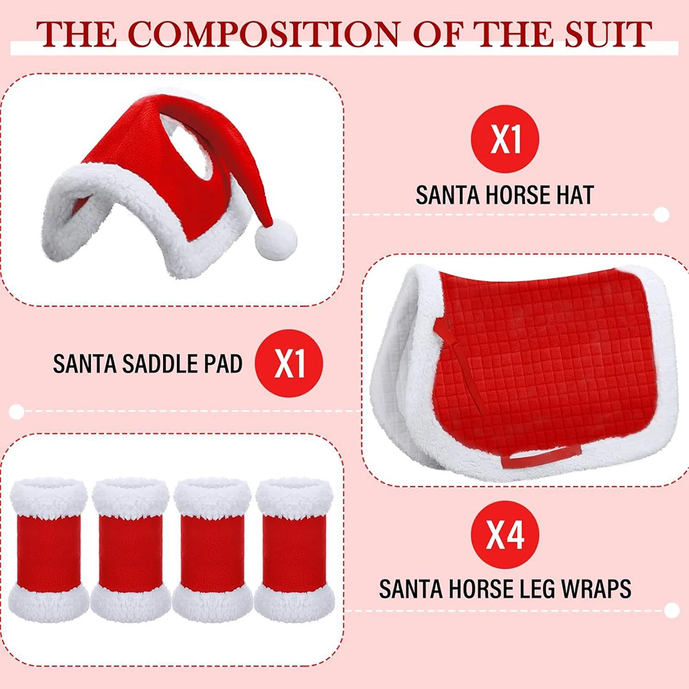 6pcs Horse Christmas Santa Hat Holiday Decor Multi-Purpose Santa Hat Leg Wraps Western Saddle Pad for Horses Parade Family Party