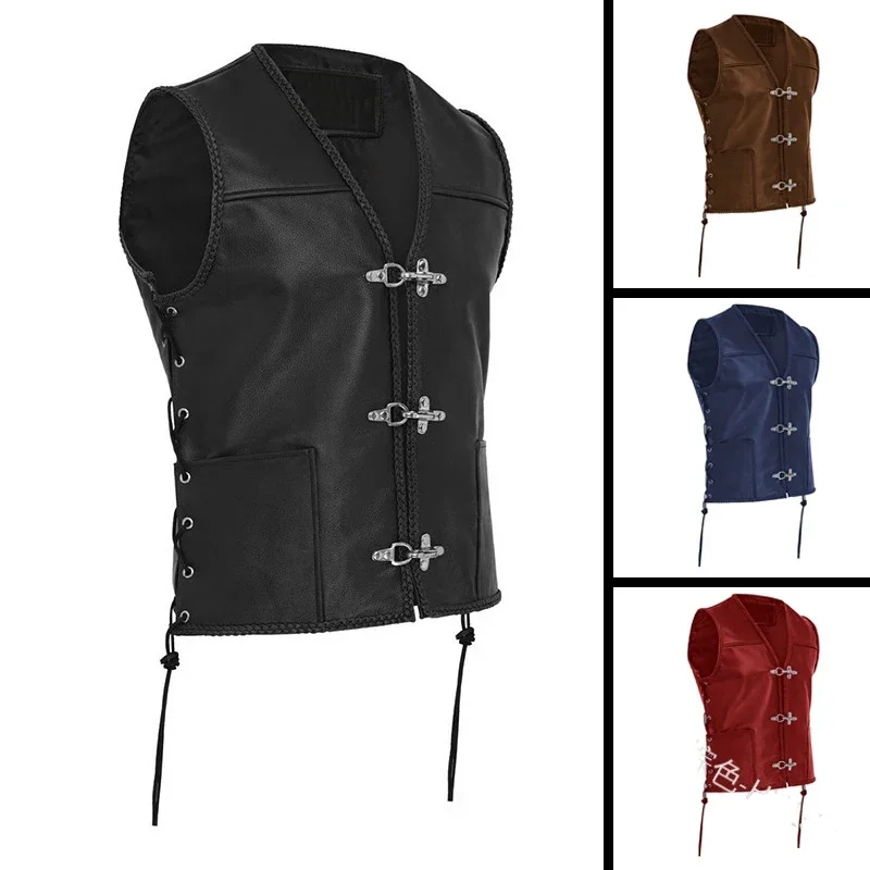 

Medieval Men vest Black Biker Motorcycle Hip Hop Waistcoat Knight Retro Punk Male Faux Leather Solid Sleeveless Jacket PU