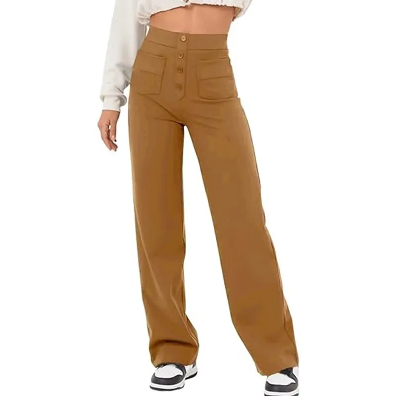 Autumn New Women's High Waist Pocket Wide Leg Button Casual Loose Straight Trousers and Pants