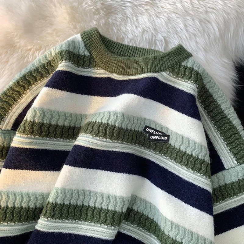 Autumn Sweater Couple Vintage Striped Loose Youth Preppy Style O Neck Knitted Pullovers Winter Fashion Casual Men Women