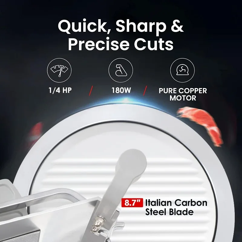 Toogood 8.7" Commercial Slicer 180w, 1/4 HP Electric Meat Slicer, Italian Carbon Steel Blade, Quiet Performance, Semi-frozen