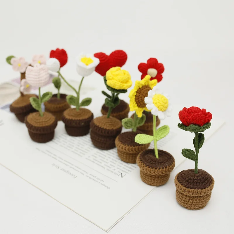 Mini Sunflower Tuilp Flower Crochet Flowers Potted Plants Homemade Finished Crochet Flower Home Kids Home Decor