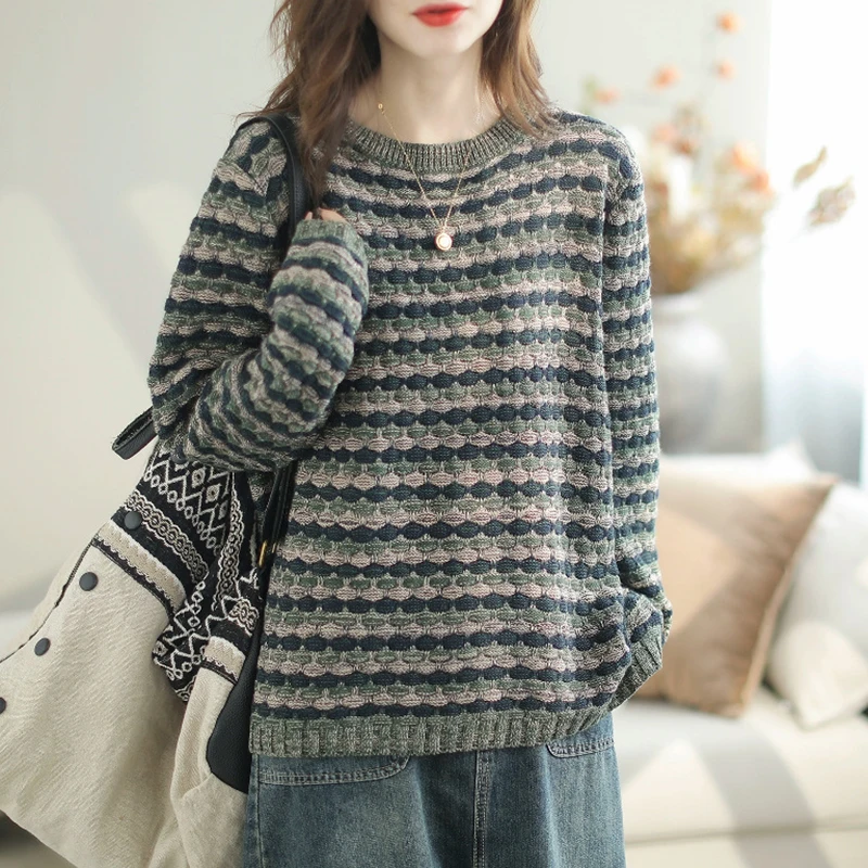 

Женский трикотажный свитер в стиле ретро, модный Повседневный пуловер контрастных цветов в полоску, свободный Универсальный офисный Топ для осени и зимы