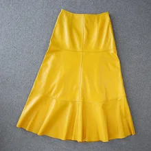 

2022 Spring New High Waist Simple Stitching Sheepskin Leather Super Long Horn Skirt Genuine Leather Half Skirt for Women