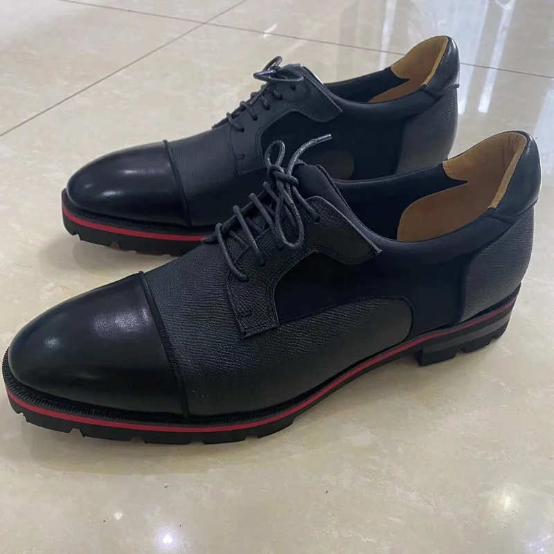 Black Genuine Leather Men Dress Shoes Laceup Thick Soles Luxury Designer Shoes Handmade Formal