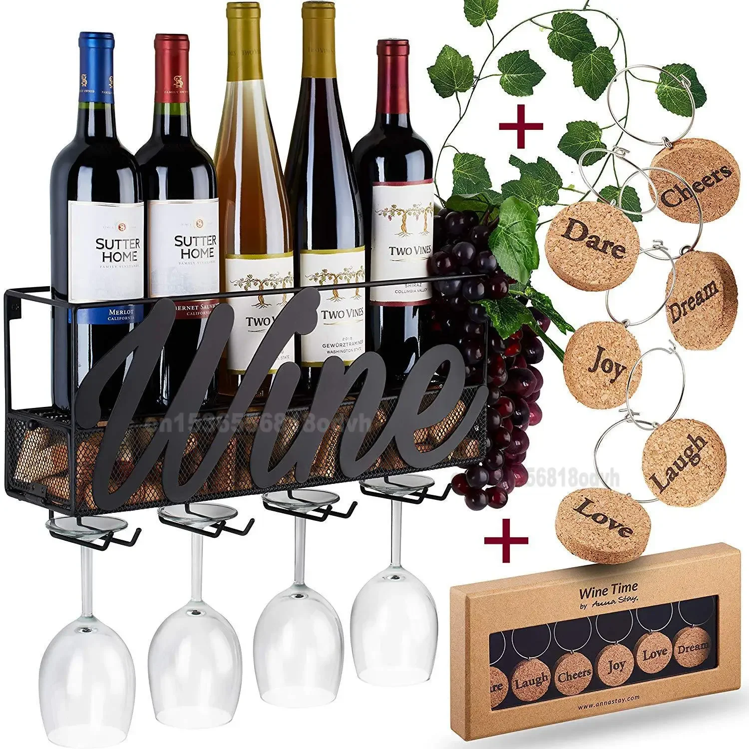 Wall Mounted Iron Wine Rack 4 Hooks Wine Glass Holders Metal Rack Bottle Champagne Shelf with Extra Cork Tray