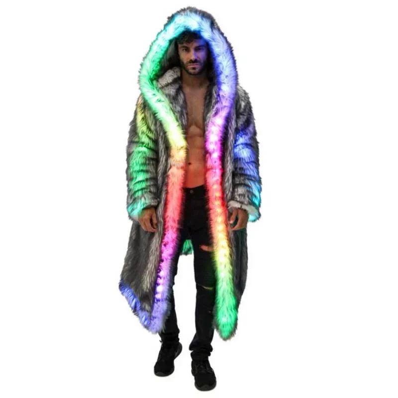 LED Faux Fur Coat Men Light up Party Rave Winter Warm Coat