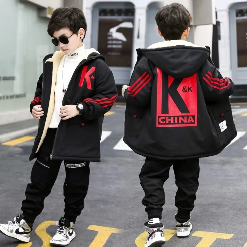 

2023 Winter Boy New Coat Plus Velvet Thicken Hooded Waterproof Warm Cotton Children Teenage Padded Jackets High Quality
