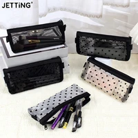 Mesh Cosmetic Makeup Bags Case Holder Cute Transparent Zipper Black Heart Printed Pencil Pen Case Pouch Convenient To Carry 1