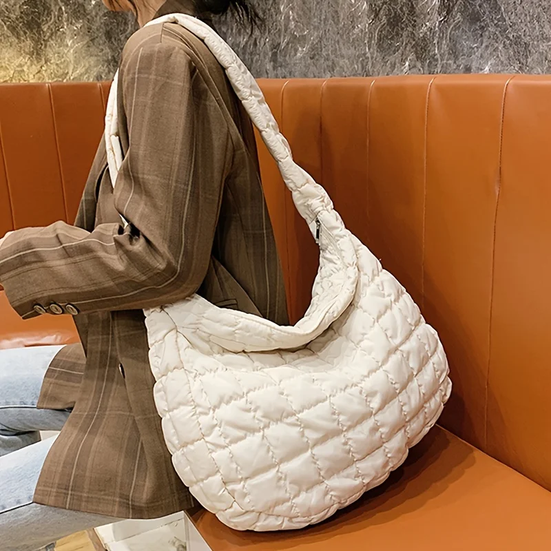 Women Padded Large Capacity Crossbody Bag Checkered Puffer Quilted Shoulder Bag Hobo Bag for Work Commuting Daily Leisure Use