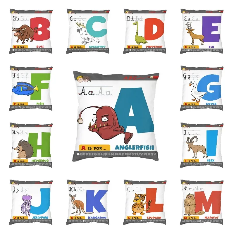 

English Letter Alphabet Writing With Animal Throw Pillow Case Home Decor Children Cartoon Cushion Cover Soft Pillowcase for Sofa