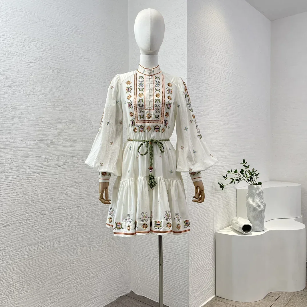 

Organic Cotton 2024 New High Quality Floral Embroidery White Long Sleeve Loose Self Tie Belt Women Mini Dress