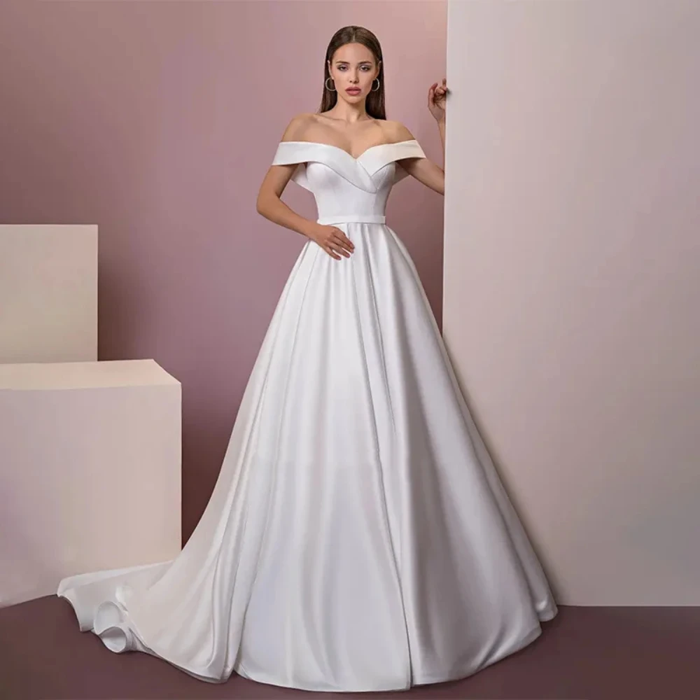 

Luxury Wedding Dresses White Satin Vestidos De Novia Sweetheart Off Shoulder A-Line Bridal Gowns Lace Up Robe De Mariée Custom