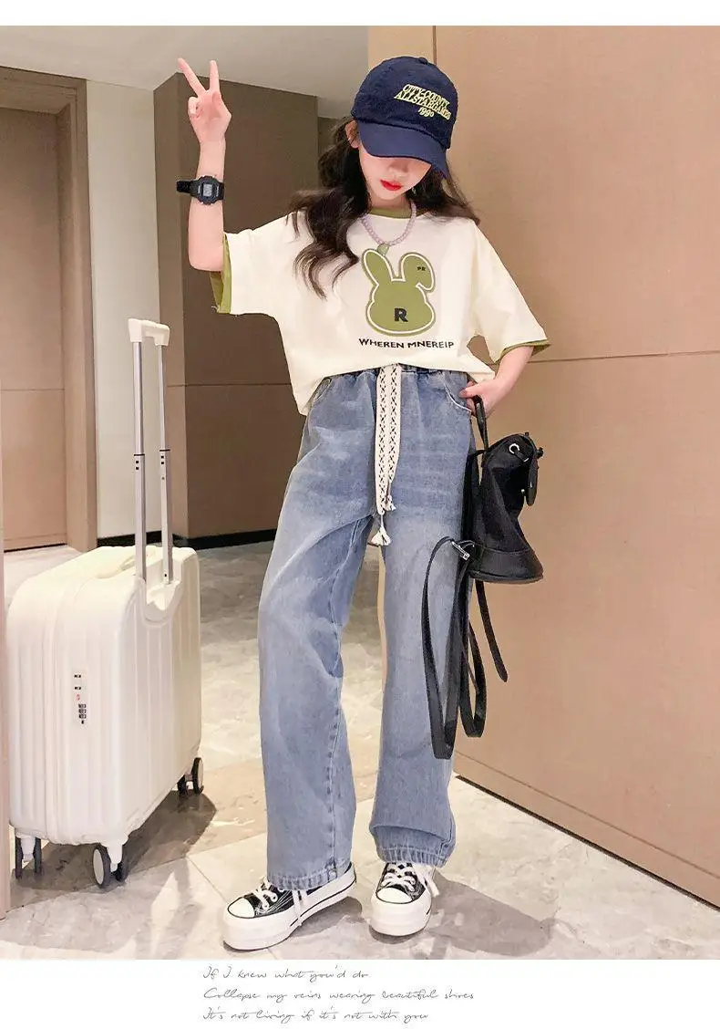 

F042202 2024 summer t shirt +jeans fashion girls clothing set fashion outwear for size 3 4 6 8 10 12 Years
