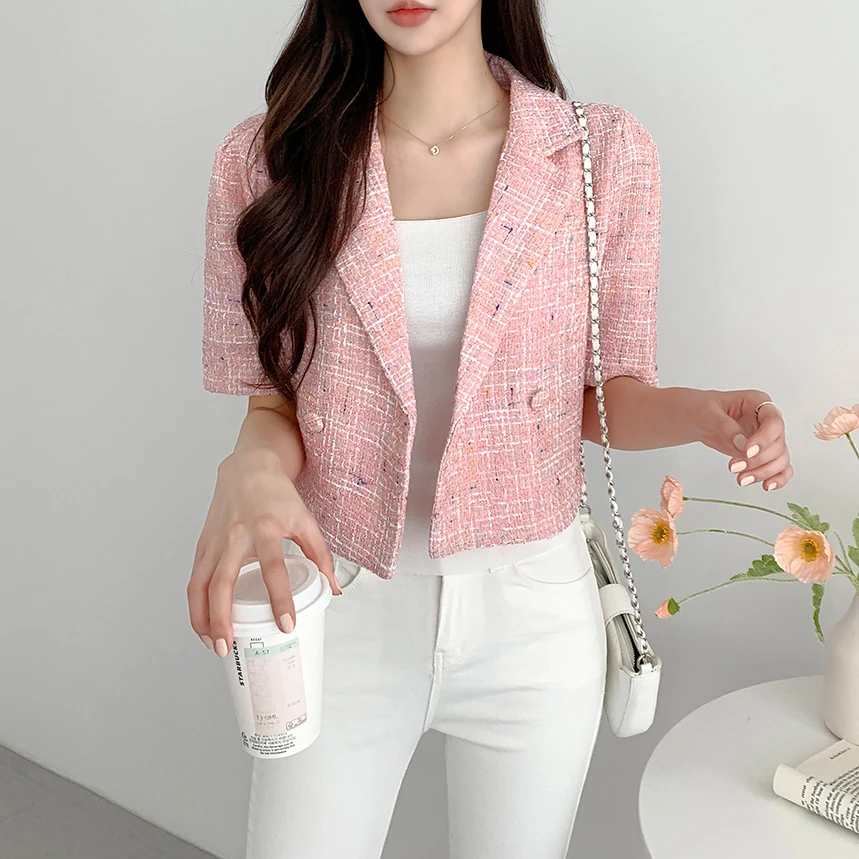 Summer Jacket T-shirt Women South Korea Chic Age-Reducing Retro Design Temperament Graceful Double Buckle Suit Jacket Women 2024