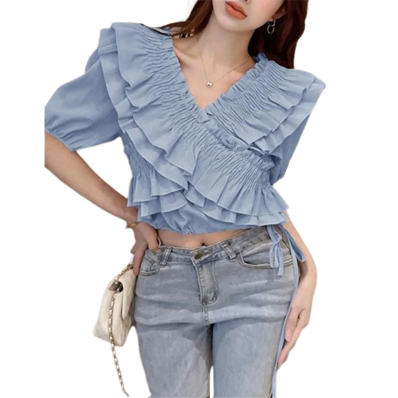 

Insgram Sweet Style Shirts Lotus-Lacy V-Neckline Short Sleeves Ruffle Top Puff517D