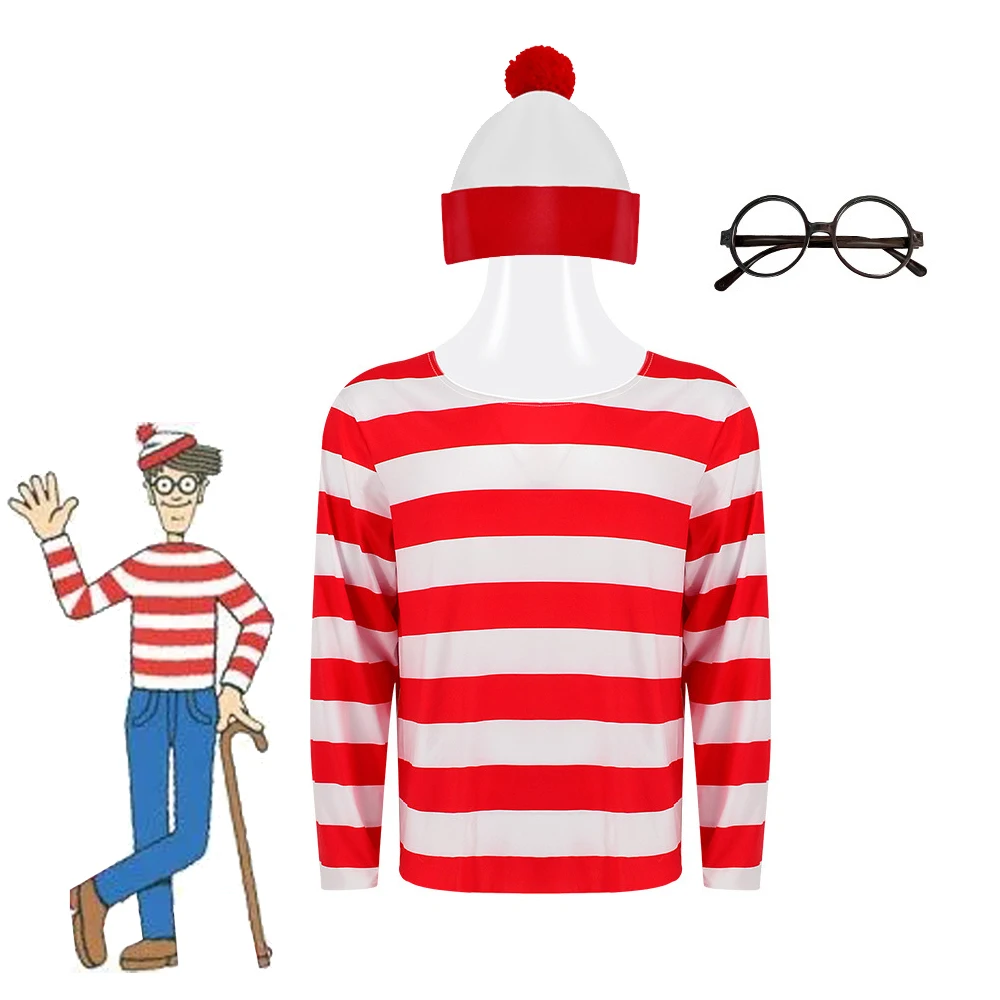 Bambini Wally Wenda Waldo Personaggio Costume Adulto Uomo Donna Halloween Purim Outfit Book Week Fancy Dress Shirt Cappello Occhiali Outfit