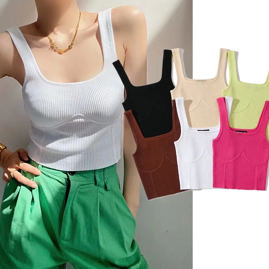 

Elmsk High Street Retro Square Collar Short Tank Tops Ins Fashion Blogger Knitted Camisole Colorful Summer Tshirts Women