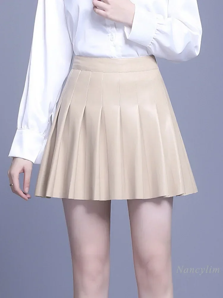 Apricot Leather Skirt Woman Autumn Winter New Short Real Leather Skirt High Waist Slimming A- Line Sheepskin Pleated Skirt Lady