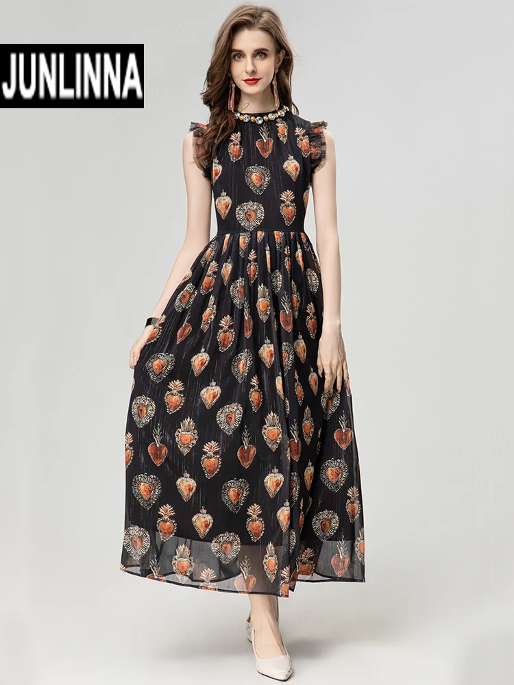 

JUNLINNA Women High Street Dress Summer Fashion O-Neck with Rhinestone Beading Sleeveless Long Vestidos Elegant Printing Sliming