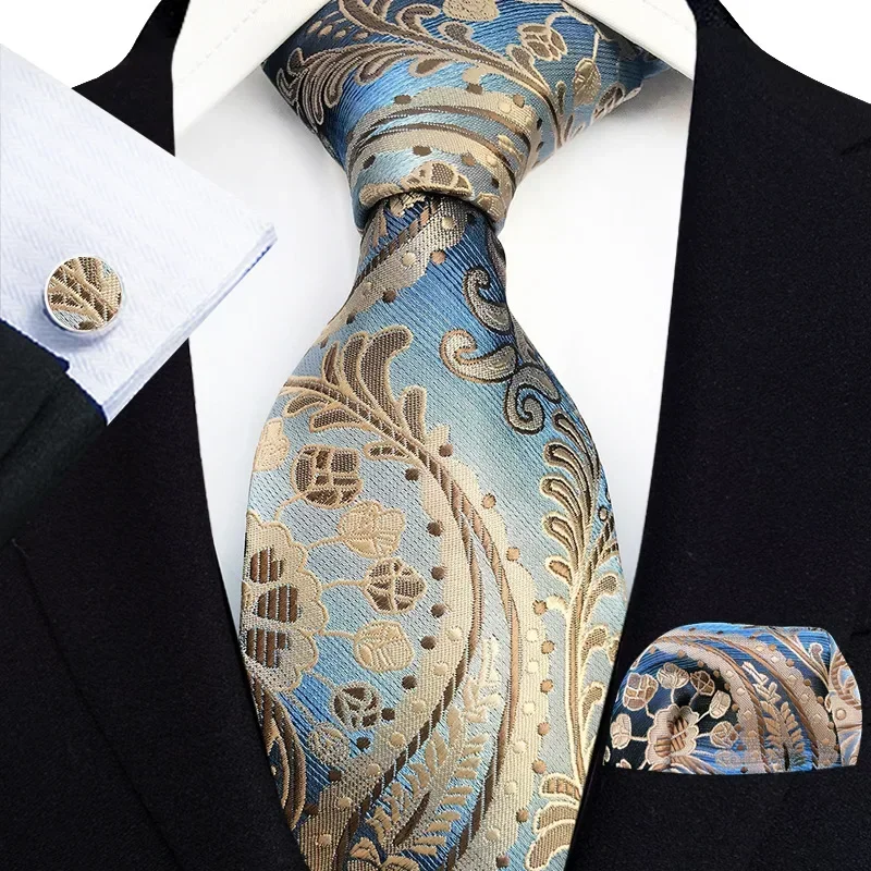 

Business Pocket Blue Silk Ties Men Floral 8cm Luxury Gravata Square For Accessories Cufflinks Wed Gold Wide Neck Tie Set