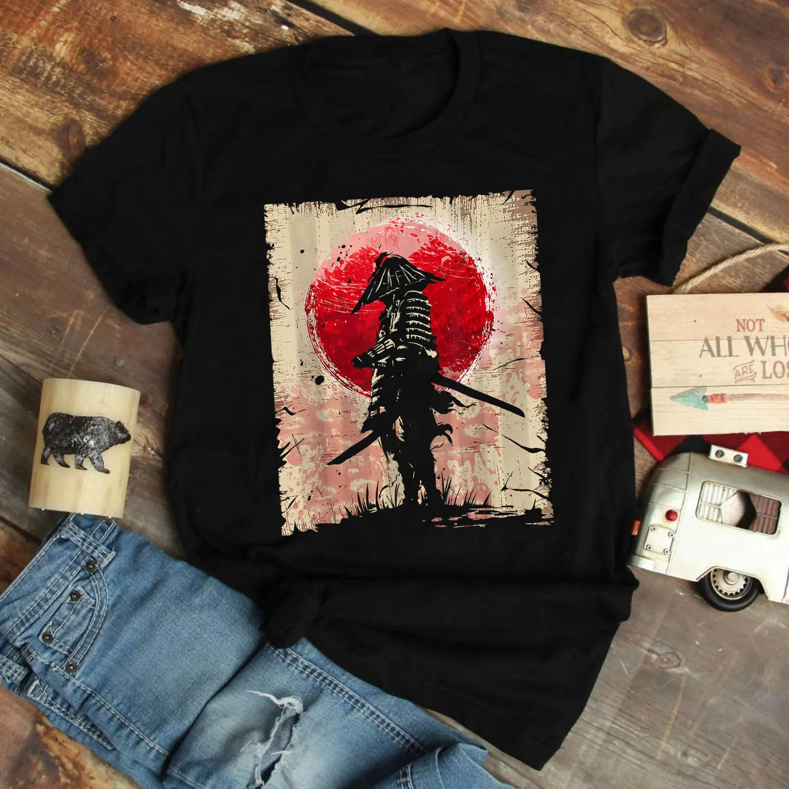Винтажная футболка унисекс Samurai Warrior Red Moon Bushido цвет черный | Мужская одежда
