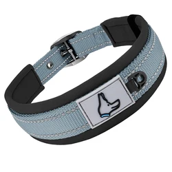 Reflective Neoprene Padded Dog Collar - Adjustable Heavy Duty Nylon - M (Grey)