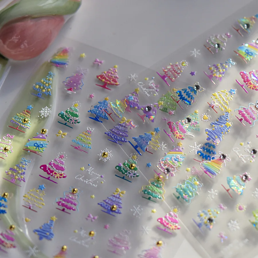 5D Relief Gorgeous Colorful Merry Christmas Tree Snowflake Adhesive Nail Art Stickers Decals Manicure X'mas Glitter Gems Charms 5