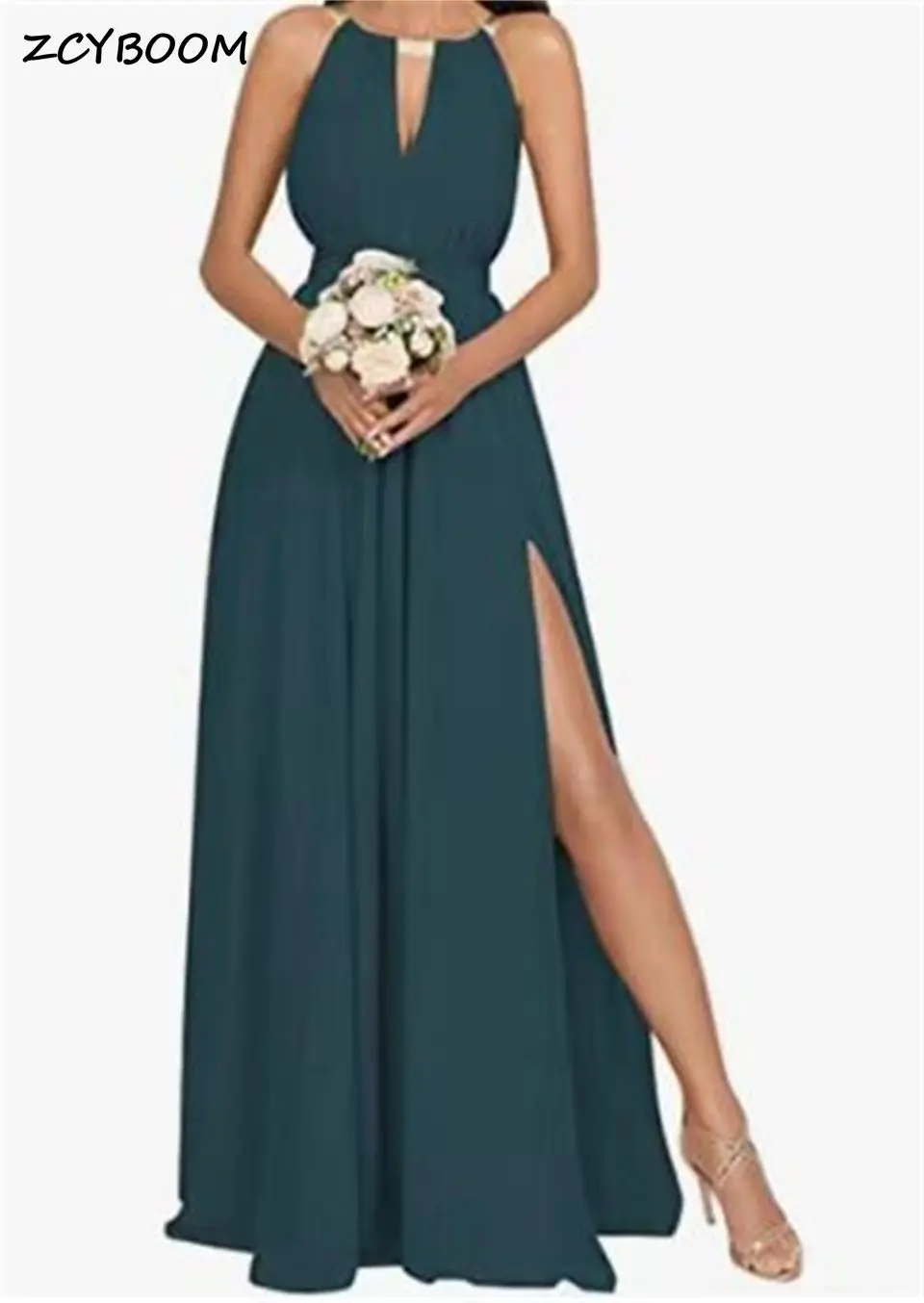 

Elegant Halter Sleeveless Cut-out High Slit A-line Empire Evening Dress 2024 Sweep Train Floor Length Prom Dress Party Gowns