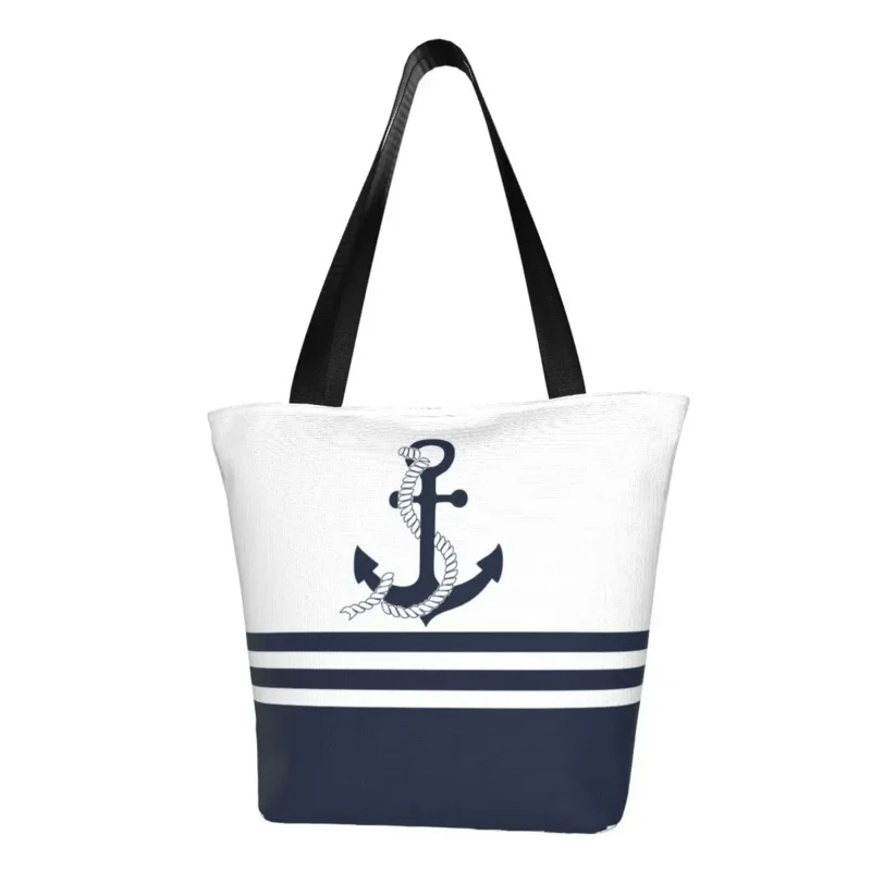 

Kawaii Print Nautical Blue Anchors Stripes Tote Shopping Bag Portable Canvas Shopper Shoulder Sailing Sailor Handbag